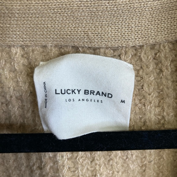 Lucky Brand Camel Cable Knit Cardigan Wool Blend Sweater Sherpa Collar Size M - Picture 2 of 4
